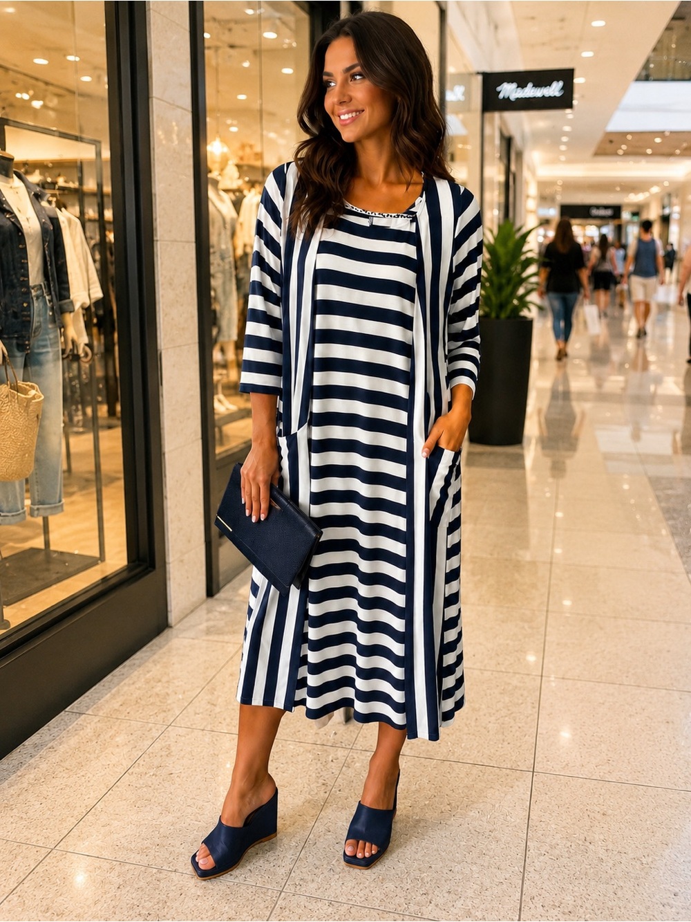 Striped Navy and White Midi Dress with Asymmetrical Hem